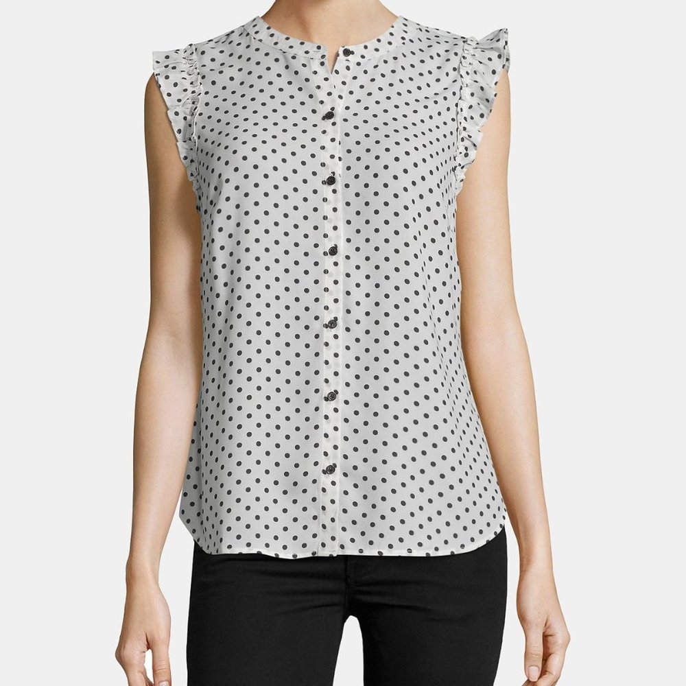 ECI Polka Dot Ruffle Top S 2 NWT Button Blouse